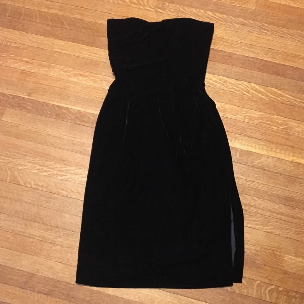 Black velvet strapless cocktail dress